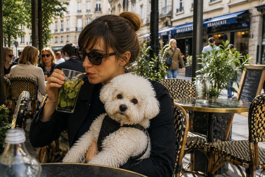 Café ensoleillé avec un chien mignon