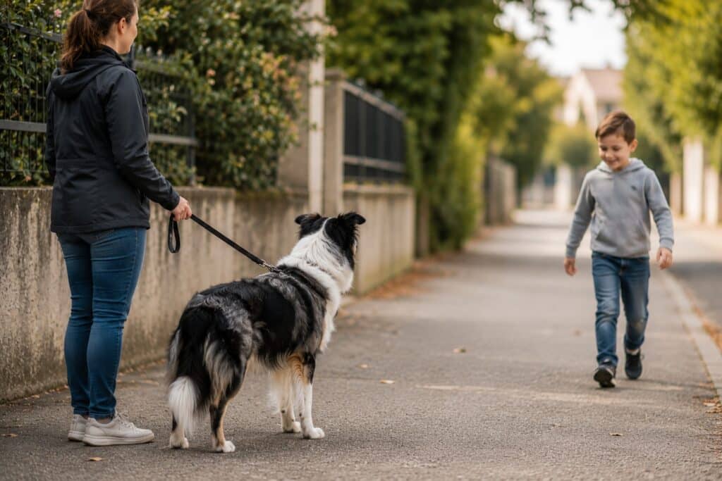 Chien en balade rencontrant un enfant