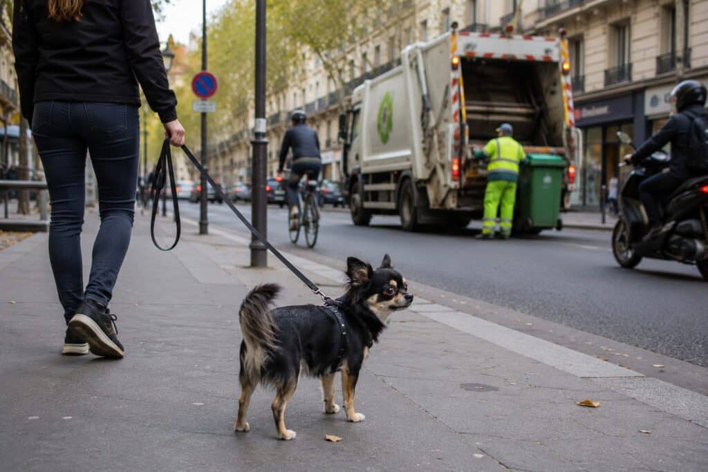 Promenade ensoleillée avec chien et travailleurs