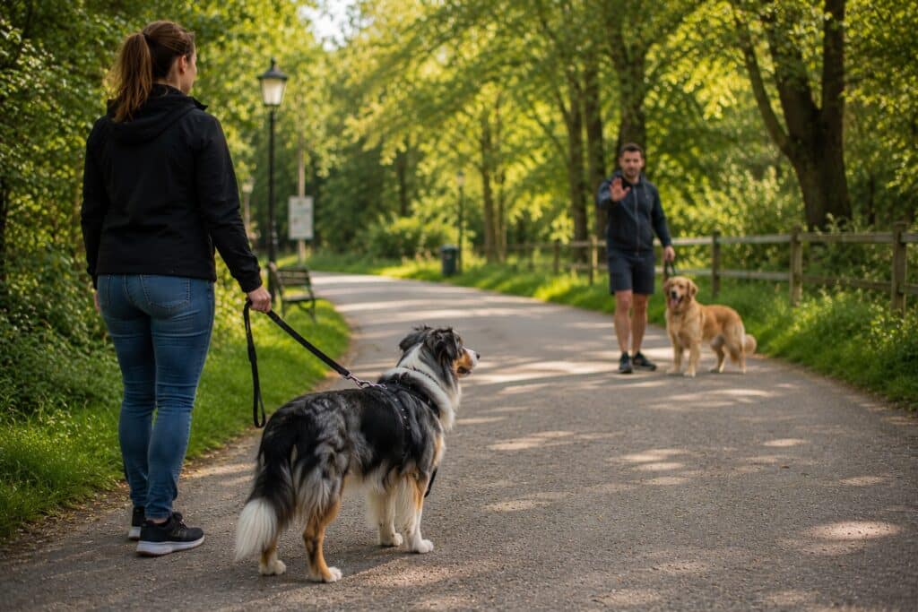 Promenade ensoleillée avec chiens et arbres