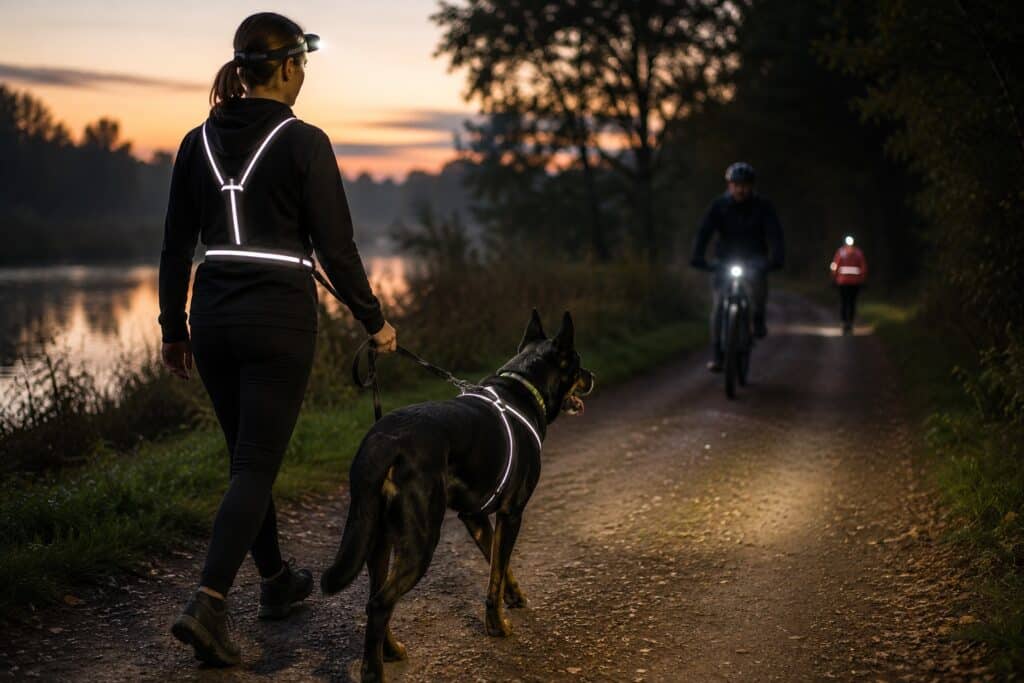 balade au crépuscule avec son chien