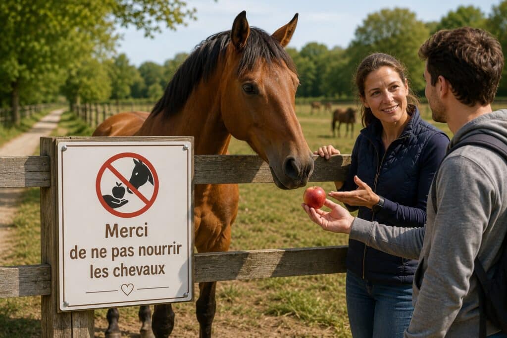 Homme donnant une pomme à un cheval