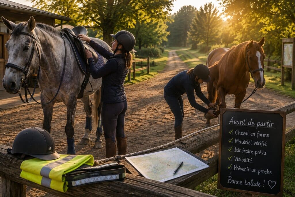 deux cavalières se préparent pour partir en balade